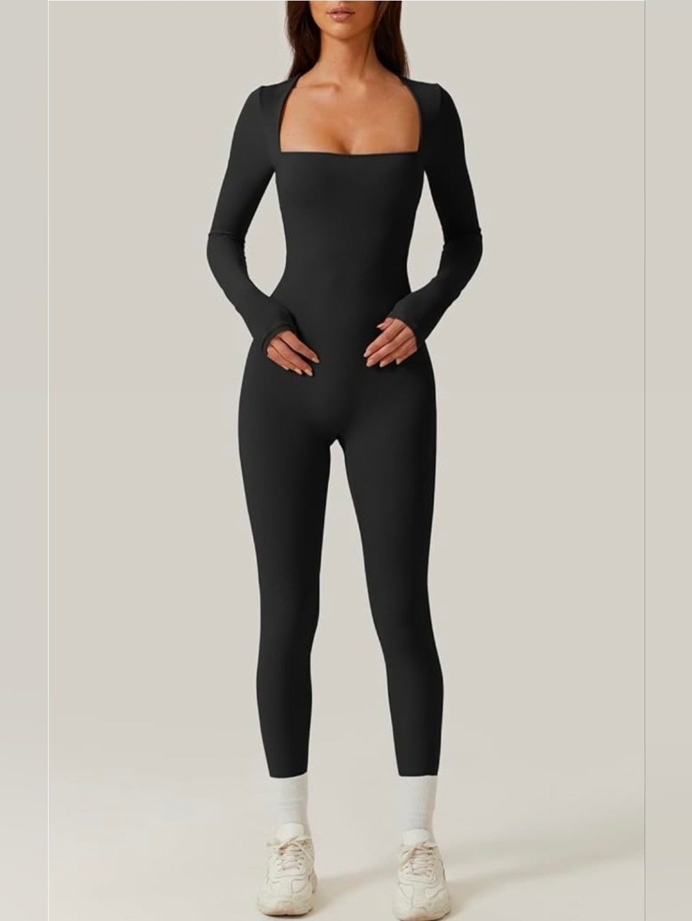 Body Qinsen Black Square-Neck Long-Sleeve Jumpsuit